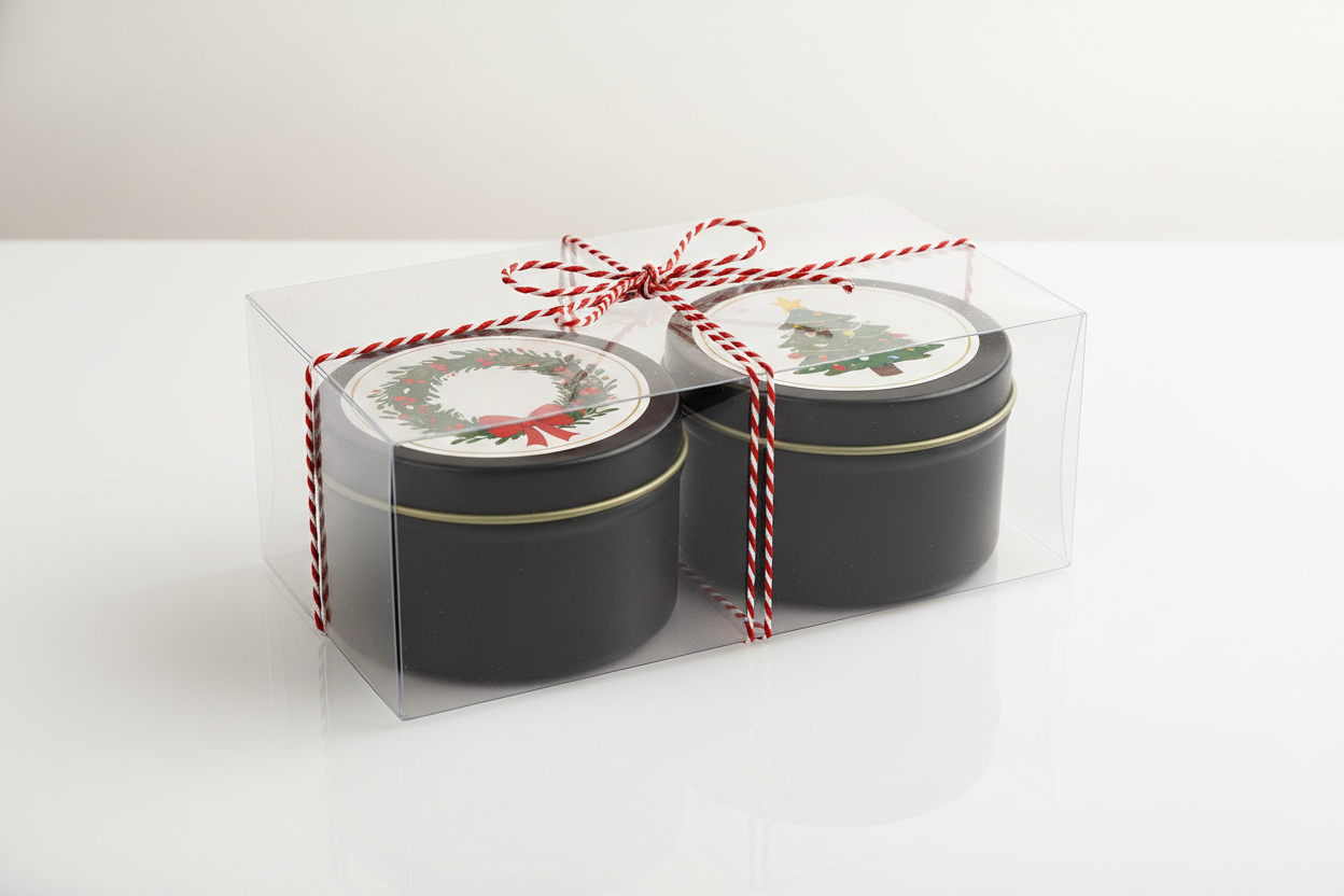 o laço deve estar na parte superior da caixa. nas tampas das latas um adesivo arredondado com ilustrações natalinas como: guirlanda, arvore de natal. 